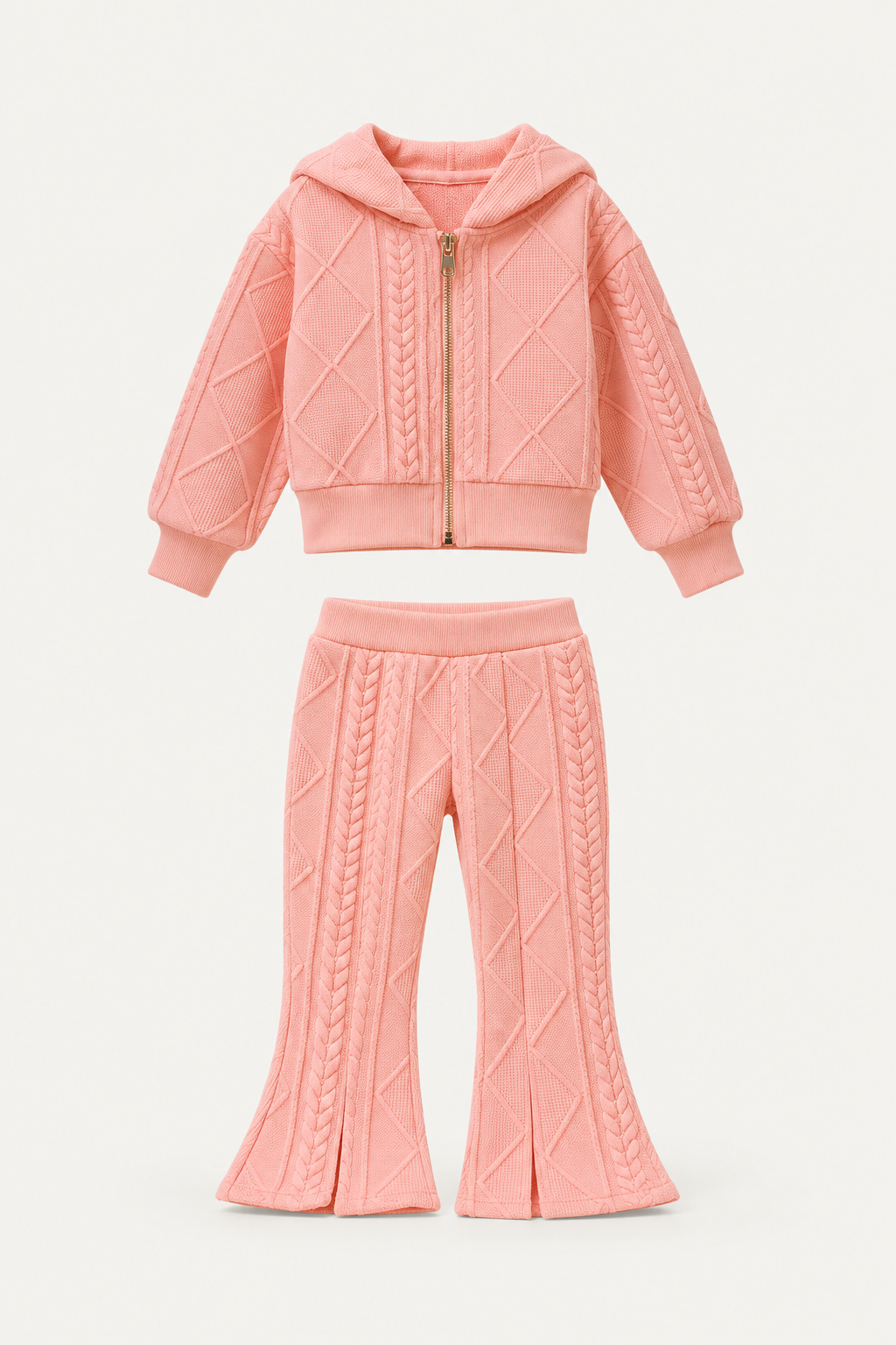 LUMIÈRE CABLE KNIT HOODED SET PINK WHITE