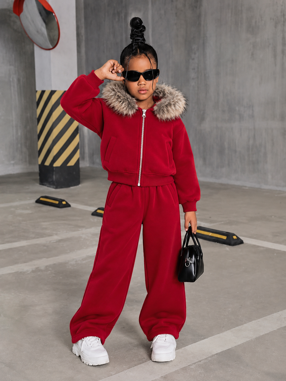 LUMIERE FAUX FUR HOODED TRACKSUIT SET RED