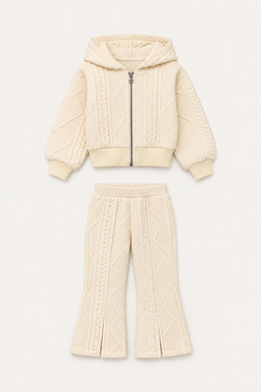LUMIÈRE CABLE KNIT HOODED SET PINK WHITE
