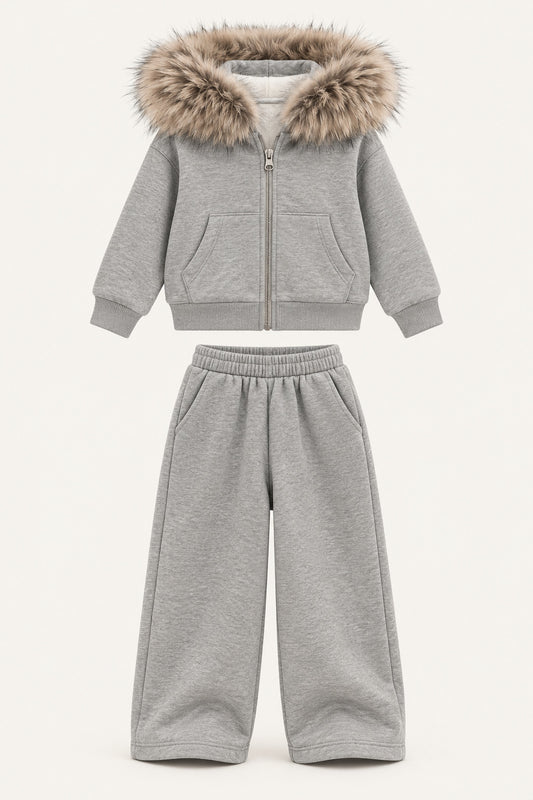 LUMIERE FAUX FUR HOODED TRACKSUIT SET GREY