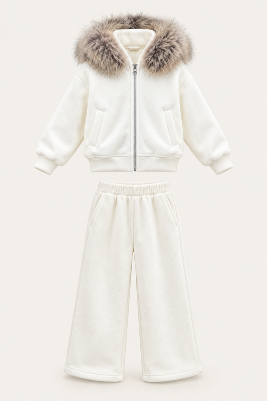 LUMIERE FAUX FUR HOODED TRACKSUIT SET WHITE